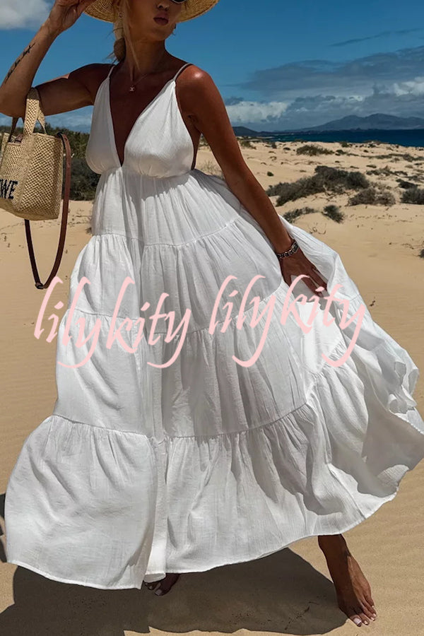 Bohemian Style V-neck Backless Slip Layered Vacation Maxi Dress