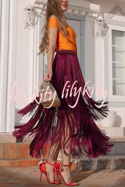 Elegant Tassel Hem Elastic Waist Casual Maxi Skirt