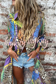 Jungle Miracle Animal Unique Print Button Long Sleeve Midi Relaxed Blouse