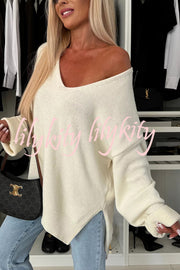 Cold Weather Knit Solid Color Long Sleeve V-neck Irregular Relaxed Sweater