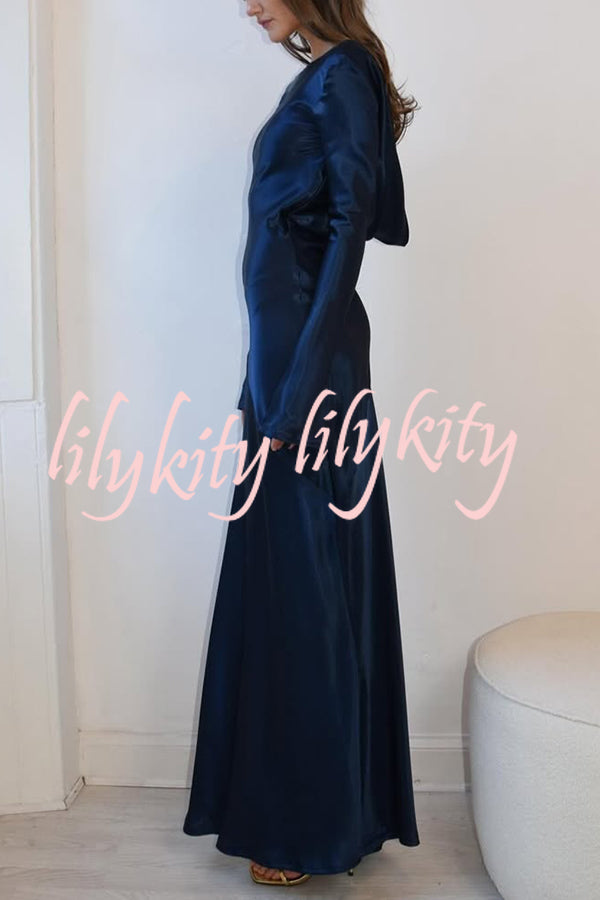 Satin Elegant Long-sleeved Open-back Slim-fit Slit Maxi Dress