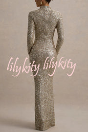 Galaxy Premium Sequin Turtle Neck Long Sleeve Maxi Dress