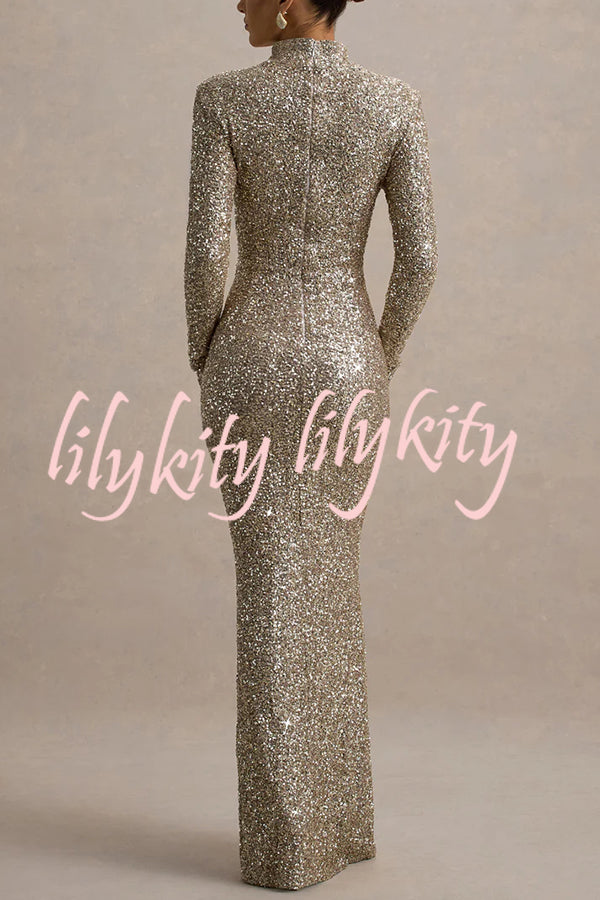 Galaxy Premium Sequin Turtle Neck Long Sleeve Maxi Dress