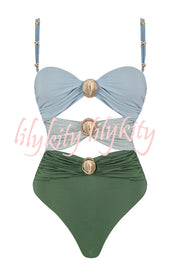 Color Block Patchwork Hollow Metal Decorative Stretch One-piece Swimsuit