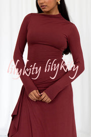 Venus Long Sleeve Ruched Side Slit Drape Ruffles Back Lace-up Stretch Maxi Dress