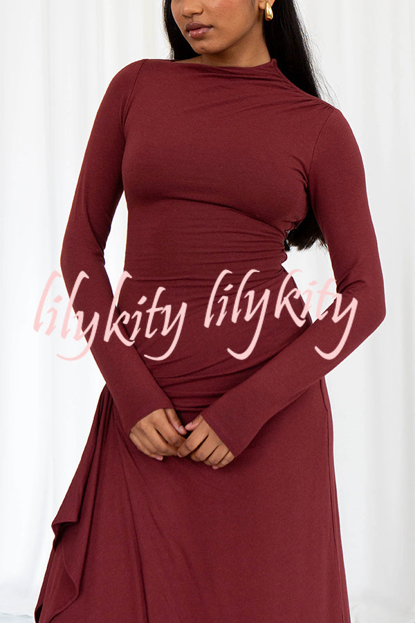 Venus Long Sleeve Ruched Side Slit Drape Ruffles Back Lace-up Stretch Maxi Dress