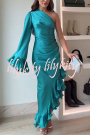 Elegant Satin One Shoulder Sleeve Pleated Ruffles Trim Ruched Asymmetrical Maxi Dress