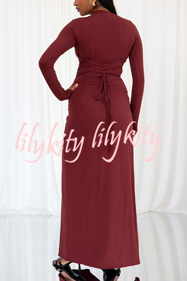 Venus Long Sleeve Ruched Side Slit Drape Ruffles Back Lace-up Stretch Maxi Dress