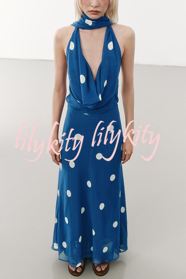 Fashion Polka Dot Print Sexy Halter Neck Backless Maxi Dress