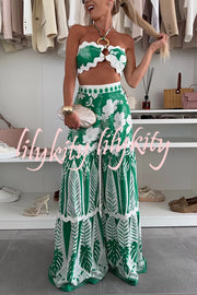 Cassie Ric Rac Trims Unique Print Halter Ring Tank and High Rise Wide Leg Pants Set