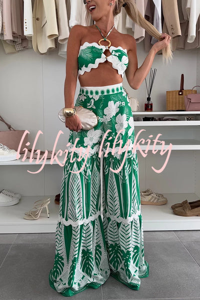 Cassie Ric Rac Trims Unique Print Halter Ring Tank and High Rise Wide Leg Pants Set