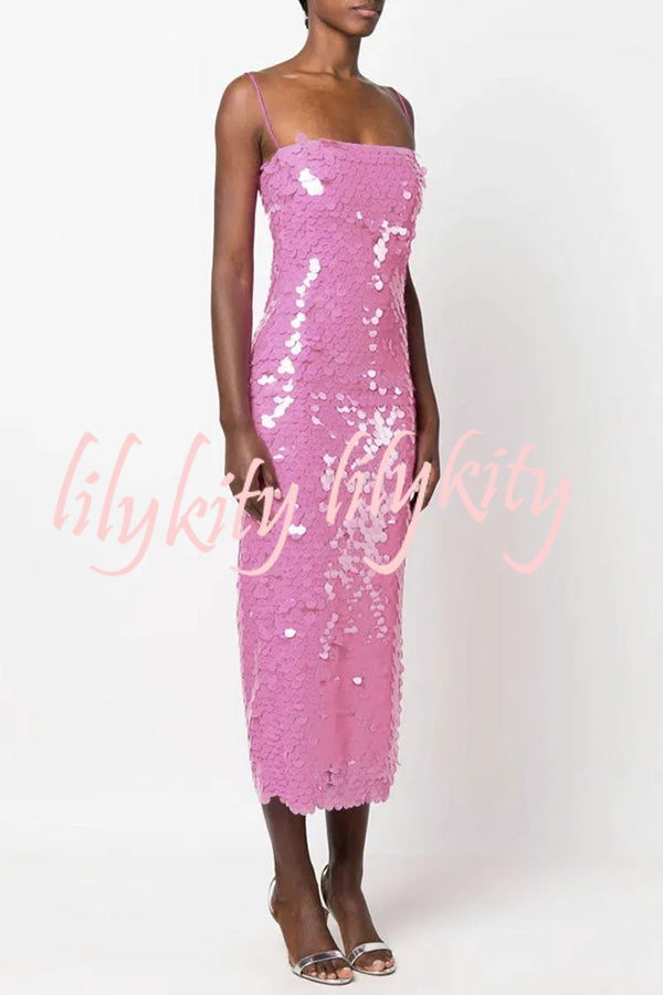 Sexy Sequined Halter-neck Backless Slim Fit Slit Midi Dress