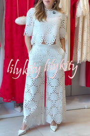 Eliose Scallop Cutout Embroidery Lace Elastic Waist Pocket Loose Pants