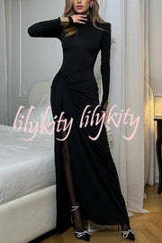 Luxe Silhouette High Neck Shoulder Pads Drape Stretch Maxi Dress