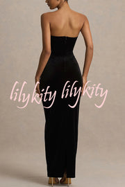 Illusion Velvet Bandeau neck Bow detail Stretch Maxi Dress