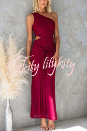 Solid Color Elegant Mesh One Shoulder Sexy Waist Hollow Out Maxi Dress