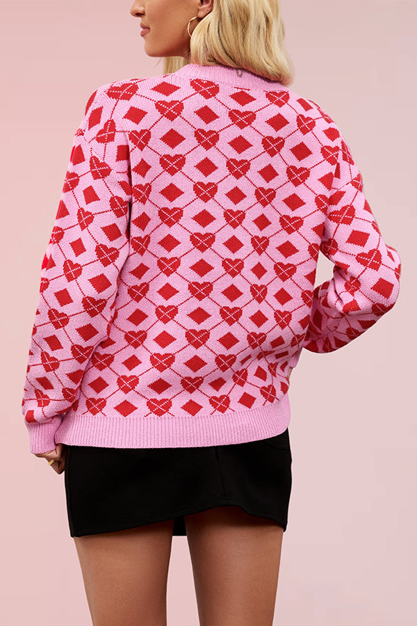 Fashionable Heart-shaped Jacquard Loose Long-sleeved Knit Sweater