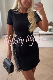 Marcelle Feather Trim Short Sleeve Color-block Him Mini Dress