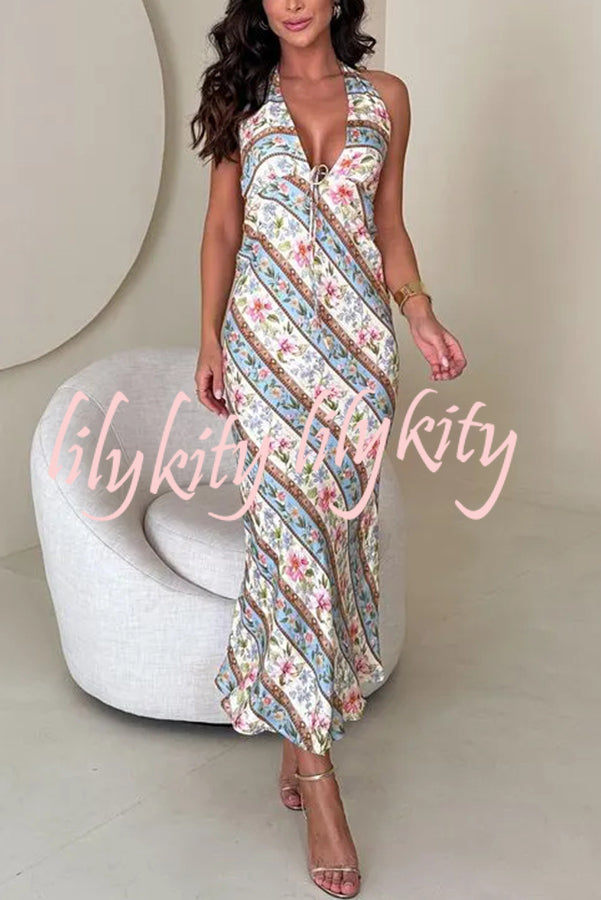 Garden Goddess Unique Colorblock Floral Print Halter Backless Maxi Dress