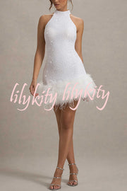 Dazzling and Playful Sequin High Neck Feather Trim Stretch Mini Dress