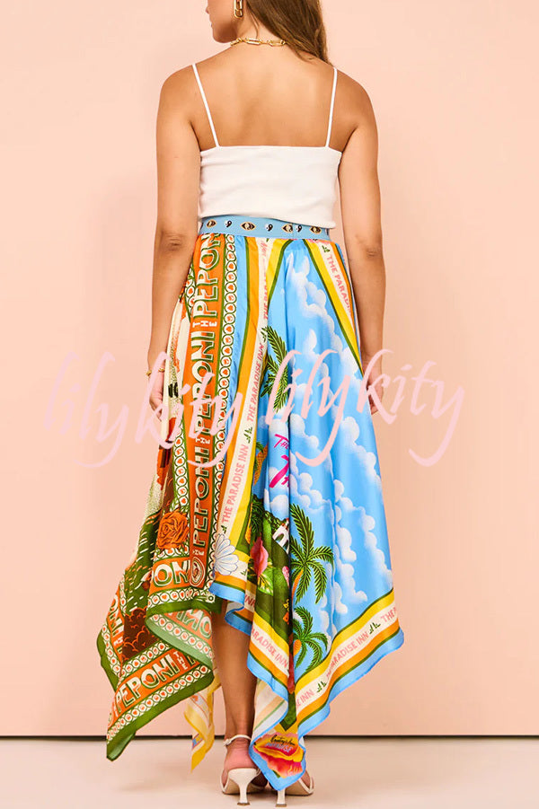 Summer Destination Satin Unique Print Elastic Waist Irregular Hem Maxi Skirt