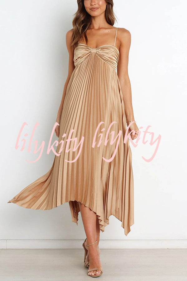 Solid Color Sexy Suspender Pleated Irregular Midi Dress