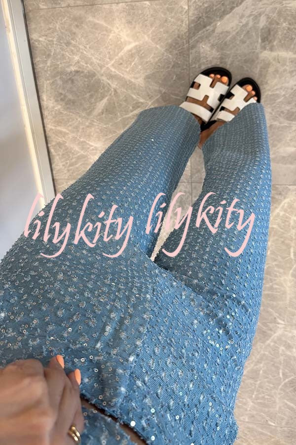 Fashionable Look Denim Sequin Textured High Rise Pocket Straight Jeans