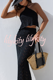 Solid Knit Hollow Halter Top and Stretch Fit Maxi Skirt Set