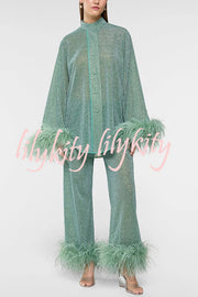 Glitter Fabric Feather Trim Long Sleeve Button Top and Elastic Waist Loose Straight Pants Set