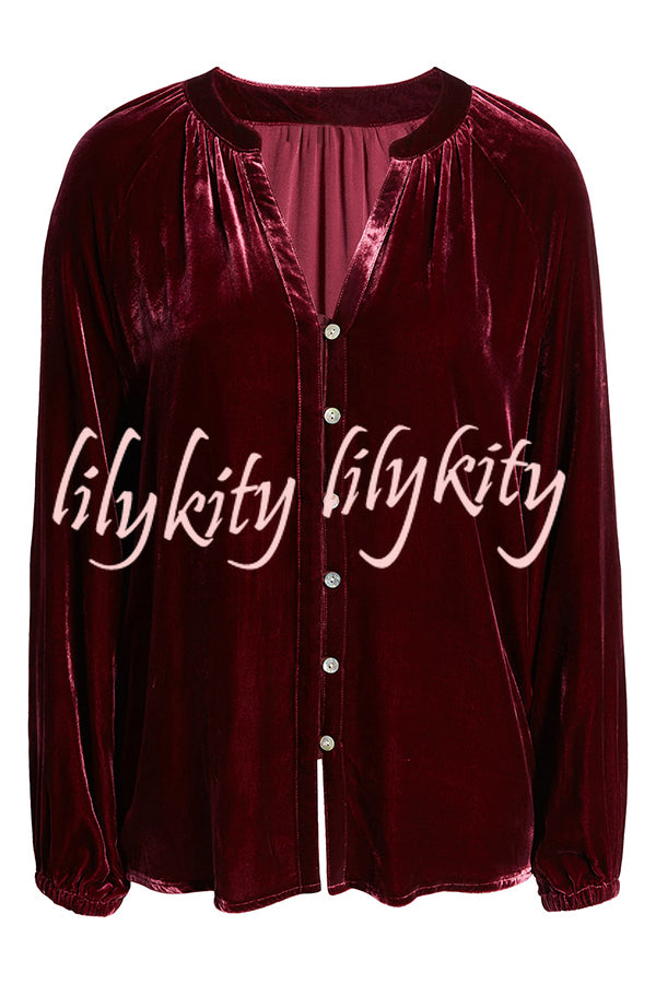 Solid Color Velvet V-neck Long-sleeved Shirt