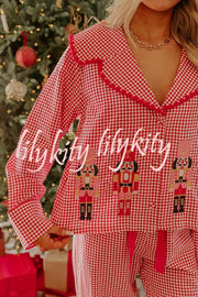 Nutcracker Charm Embroidered Gingham Loose Shirt and Elastic Waist Pajama Set
