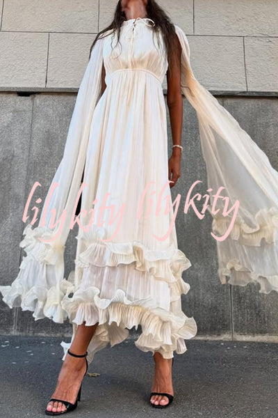 Fashionable V-neck Lace-up Ruffled Double-layer Hem Maxi Dress