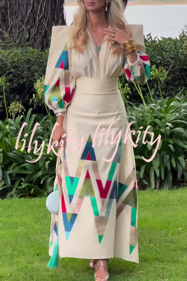 Highest Elegance Colorful Triangle Print Padded Shoulder Blouse and High Rise Maxi Skirt Set