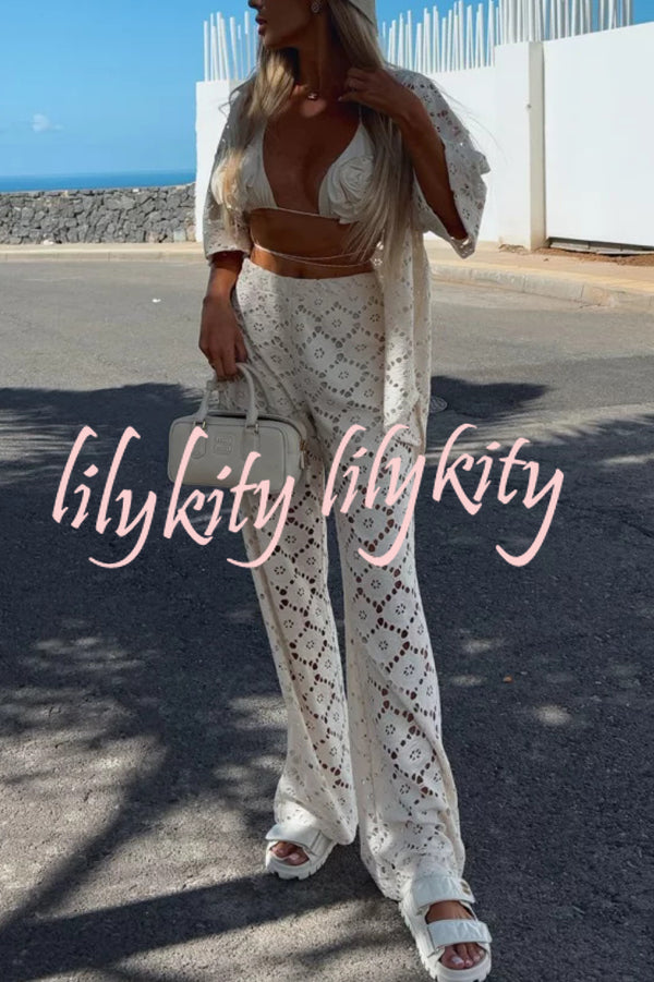 Holiday Crochet Flowers Lace Short Sleeve Shirt and Elastic Waist Wide Leg Pants Set