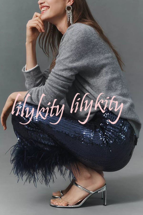 New Year Eve Sequin Feather Trim High Rise Back Zipper Flare Pants
