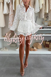 Nicola Lace Long Balloon Sleeve Blouse and Elastic Waist Layered Skort Set