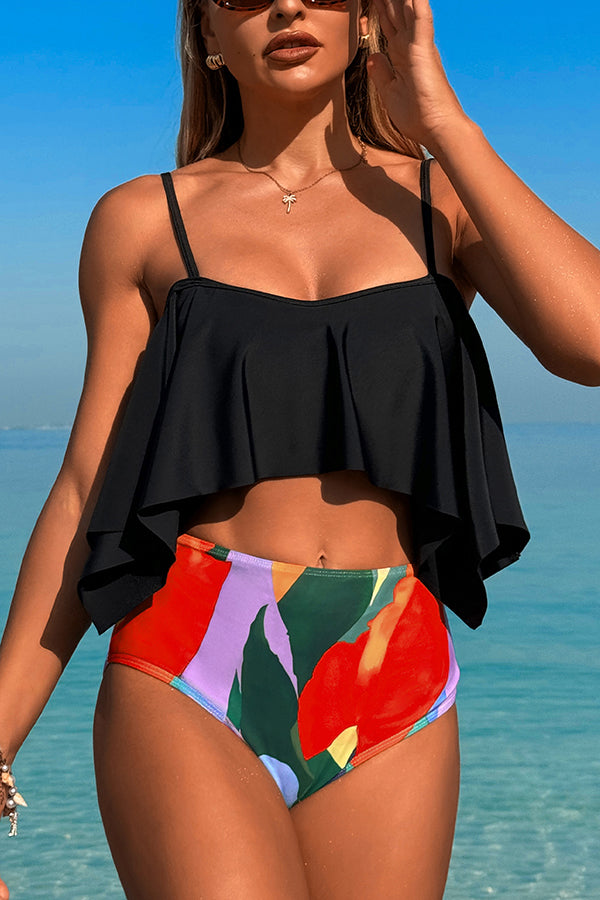 Unique Printed Sling High-waisted Stretch Two-piece Bikini Swimsuit