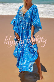 Simple Unique Printed Pleated Front Slit Cover Up