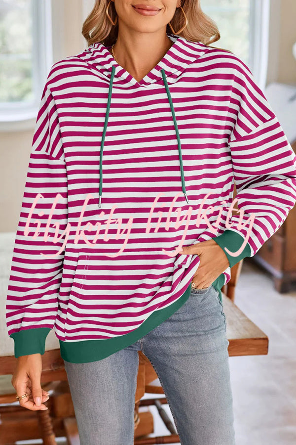 Striped Print Long Sleeve Pocket Loose Hoodie