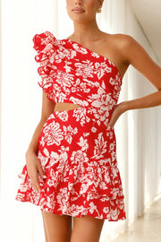 Floral Print One-shoulder Ruffled Waist Cutout Mini Dress