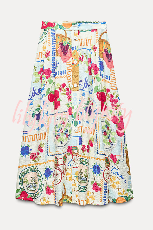 Linen-blend Fruit Print Halterneck Pleated Top and Pocket Button-down Maxi Skirt Set