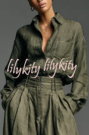 Linen Blend Lapel Long-sleeved Casual Shirt and High-waist Pocket Loose Wide-leg Pants Set