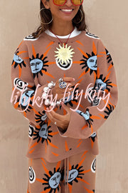 Mediterranean Art Knit Unique Sun Vortex Print Long Sleeve Relaxed Sweater