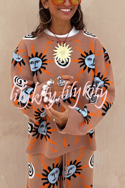 Mediterranean Art Knit Unique Sun Vortex Print Long Sleeve Relaxed Sweater