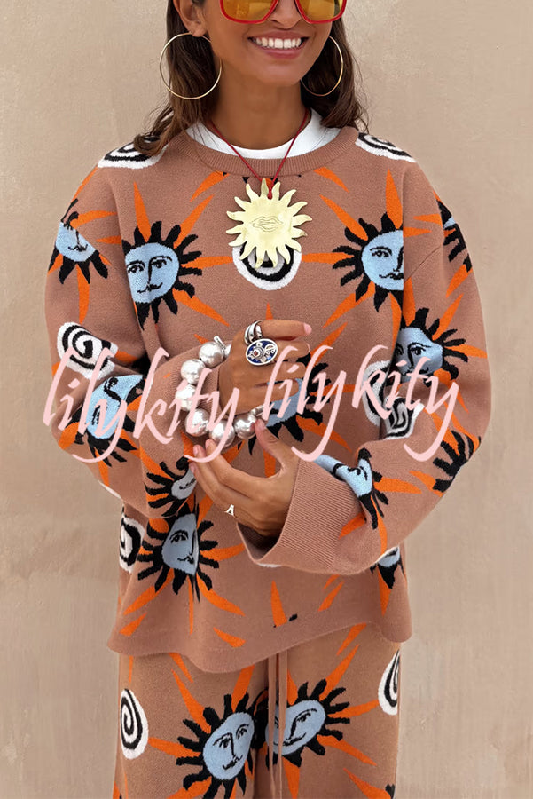 Mediterranean Art Knit Unique Sun Vortex Print Long Sleeve Relaxed Sweater