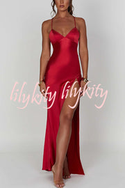 Satin Solid Color Sexy Backless Lace Up High Slit Maxi Dress