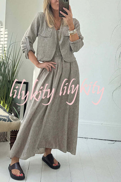 Solid Color Casual Short Jacket and Suspender Pleated Maxi Dress Set