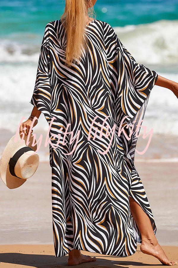 Simple Unique Printed Pleated Front Slit Cover Up