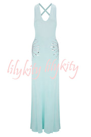 Sparkling Nights Knit Sunburst Sequin Detail Back Cross Straps Stretch Maxi Dress