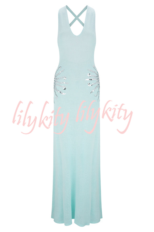 Sparkling Nights Knit Sunburst Sequin Detail Back Cross Straps Stretch Maxi Dress